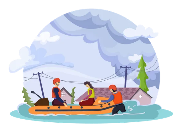 Rescue team saving people in flood  Illustration