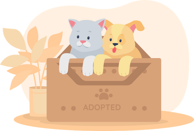 Rescued pets in box  Illustration