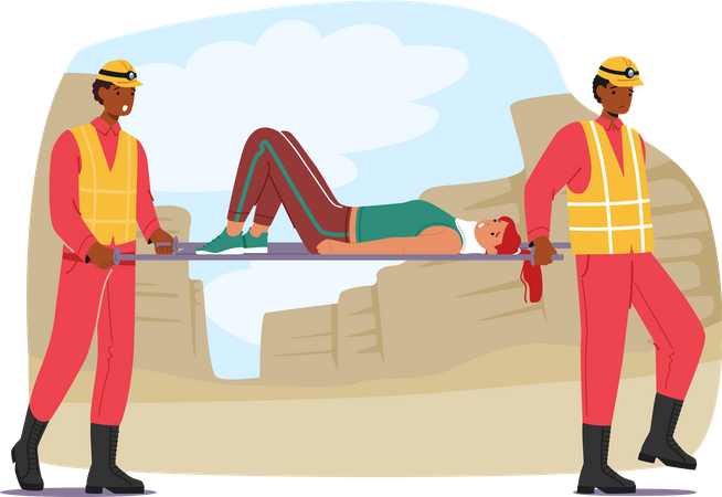 Rescuer characters carry woman with a neck fracture on a stretcher  Illustration