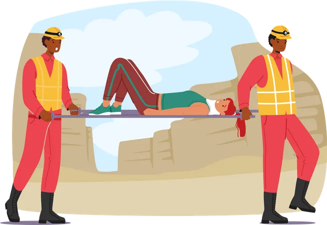 Rescuer Characters Carry Woman With A Neck Fracture On A Stretcher Carefully Maneuvering Her Through The Area To Safely Transport Her To Medical Assistance Cartoon People Vector Illustration Illustration