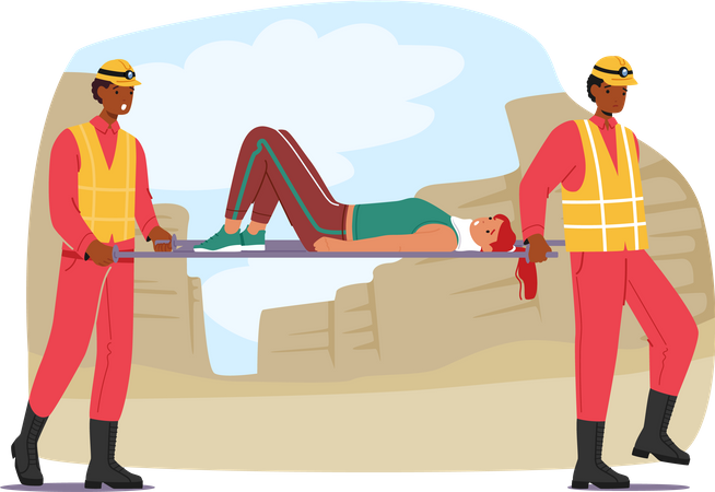 Rescuer characters carry woman with a neck fracture on a stretcher  Illustration