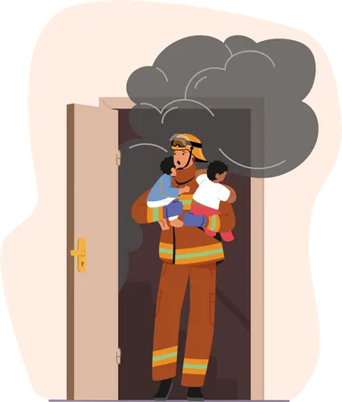 Rescuer Male Character Heroically Saves Kids From Burning Building Rushes Them To Safety Through Smoke And Flames Risking Their Life To Ensure Survival Cartoon People Vector Illustration Illustration