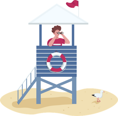 Rescuer with binoculars in lifeguard tower  Illustration