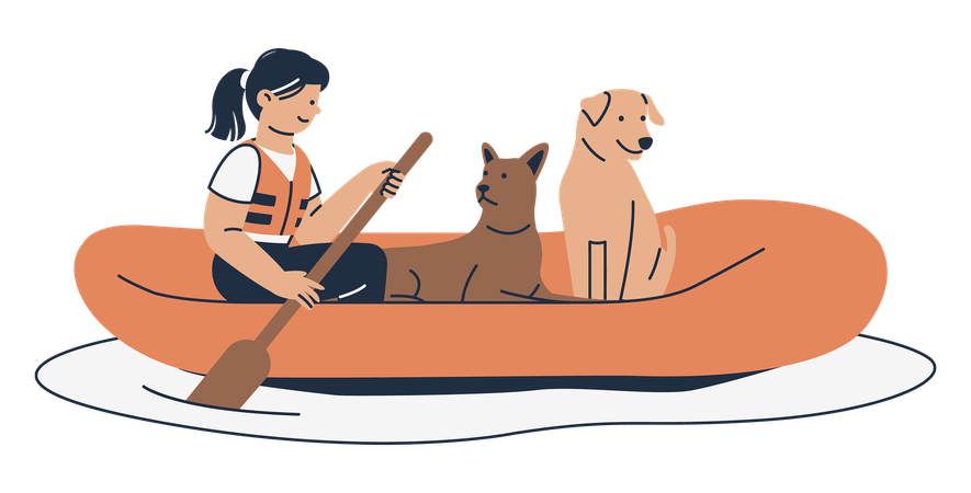 Rescuers with Dogs on Boat  Illustration