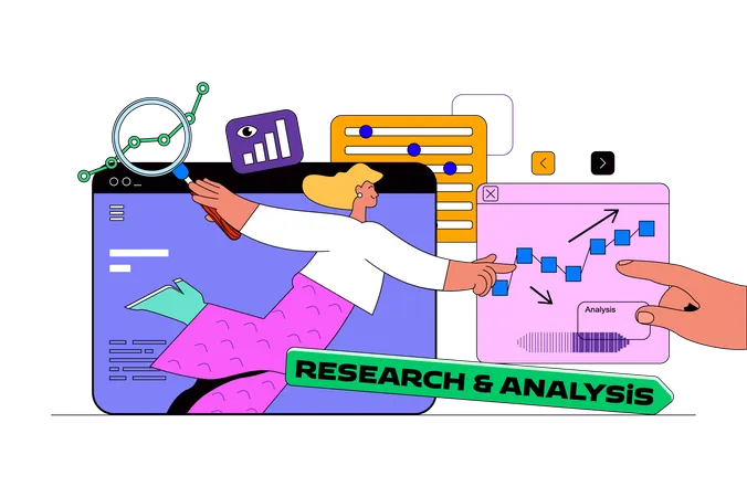 Research And Analysis Web Concept With Character Scene Woman Getting And Processing Data Making Result Review In Report People Situation In Flat Design Vector Illustration For Marketing Material 일러스트레이션