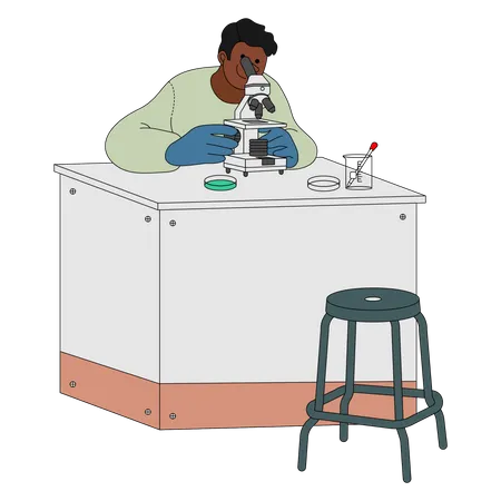 Man Using Microscope Vector Illustration In Line Filled Design Illustration