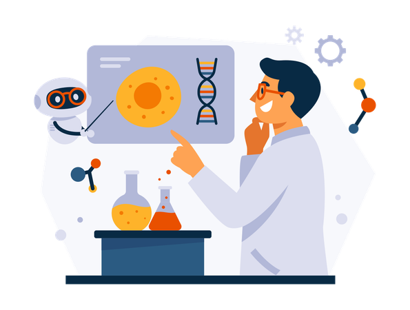 Researcher Discussing With A Robot  Illustration