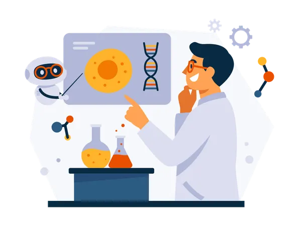 Researcher Discussing With A Robot  Illustration