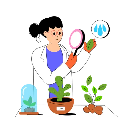 Researcher examining plant samples under a magnifying glass  Illustration