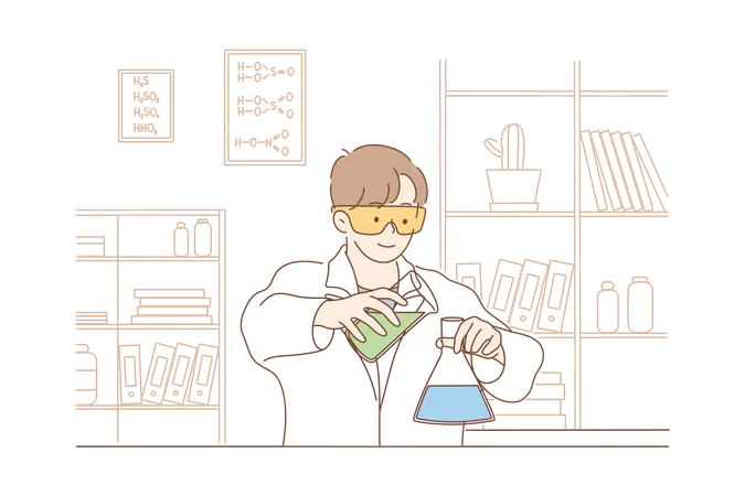 Science Chemistry Experiment Concept Young Happy Man Scholar Medical Worker Makes Chemical Reaction With Reagents In Laboratory Scientific Test Academic Research Or Vaccine Creation Illustration Illustration