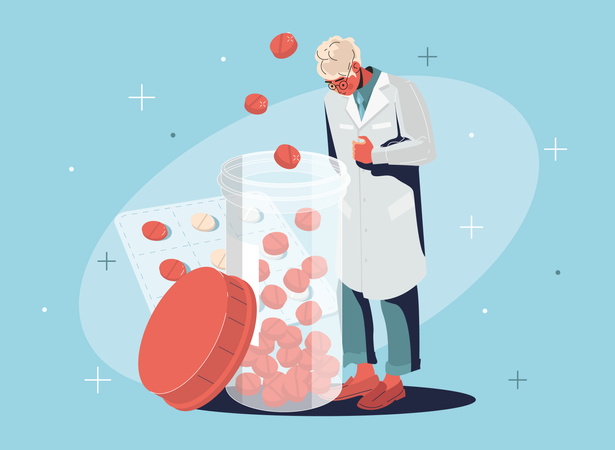 Researcher standing with drugs  Illustration