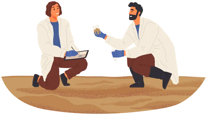 Environmentalists Exploring Nature Analyze Soil Or Sand Researchers Take Samples Of Biomaterial Environmental And Ecology Research Scientists Conduct Ecological Experiment Explorers Investigation Illustration