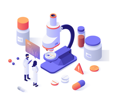 Researchers in lab coats, microscope, pills, test tubes  Illustration