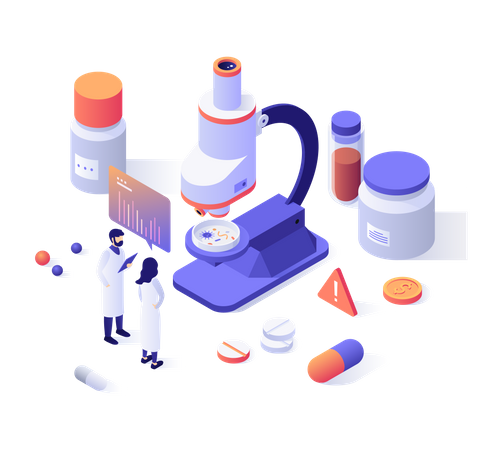 Researchers in lab coats, microscope, pills, test tubes  Illustration