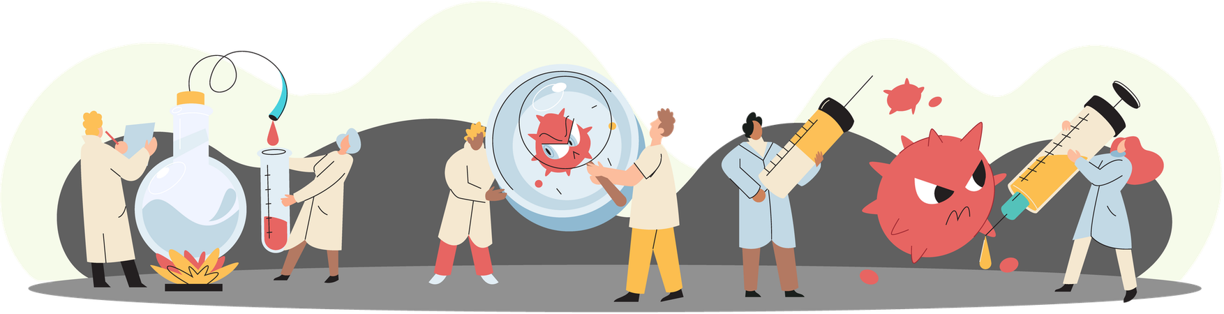 Researches team of laboratory assistants with test tubes  Illustration