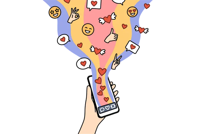 Réseau social sur le téléphone dans la main de l'enfant avec un flux de cœurs et de commentaires  Illustration