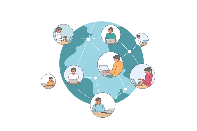 Réseau social international pour les hommes d'affaires du monde entier qui utilisent des ordinateurs pour communiquer  Illustration