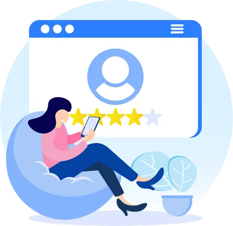Chica mirando la reseña de un cliente en un sitio web  Ilustración
