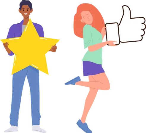 Usuarios satisfechos revisan con un hombre sosteniendo una estrella y una mujer con el pulgar hacia arriba  Ilustración