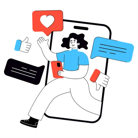 Mujer revisa comentarios en redes sociales  Ilustración