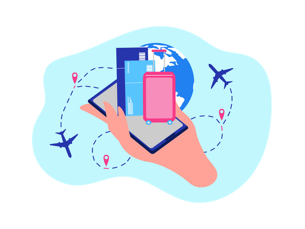 Reserva de billetes de avión, solicitud de servicios en línea de compañías aéreas con aplicación móvil  Ilustración