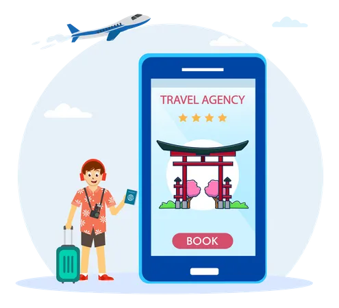 Concepto De Vector De Agencia De Viajes Joven Haciendo Reservas En Una Aplicacion De Agencia De Viajes A Japon Ilustración