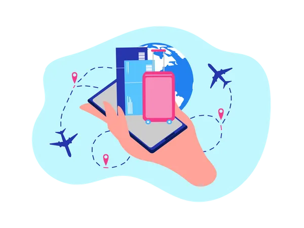 Reserva de passagens aéreas, solicitação de serviços on-line de companhias aéreas com aplicativo móvel  Ilustração