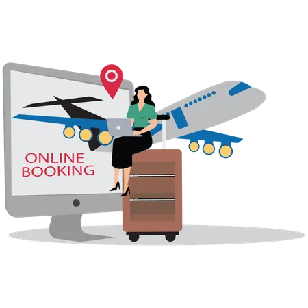 Réservation en ligne Ordinateur portable Femme d'affaires  Illustration