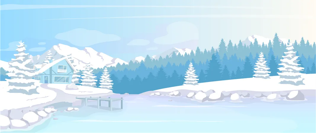 Residence In Winter Woods Flat Color Vector Illustration Home Near Icy Lake Cold Weather In Countryside Snow In Mountains December Scandinavian 2 D Cartoon Landscape With Nature On Background Illustration