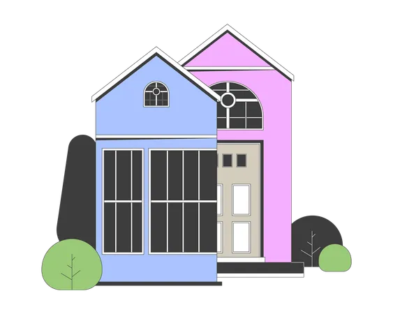 Residential Building With Glass Facade 2 D Linear Cartoon Object Apartment House With Small Garden Isolated Line Vector Element White Background Architecture Color Flat Spot Illustration Illustration