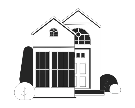 Residential Building With Glass Facade Black And White 2 D Line Cartoon Object Apartment House With Small Garden Iisolated Vector Outline Item Architecture Monochromatic Flat Spot Illustration Illustration
