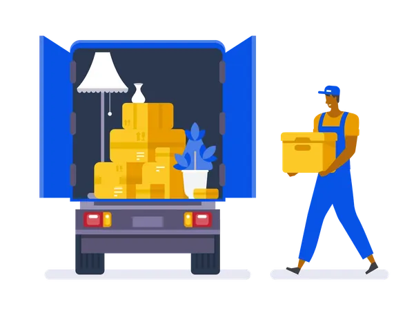 Moving House Service Moving With Sofa And Various Boxes To New Home Pile Of Stacked Cardboard Boxes Vector Stock Illustration In Flat Style Illustration
