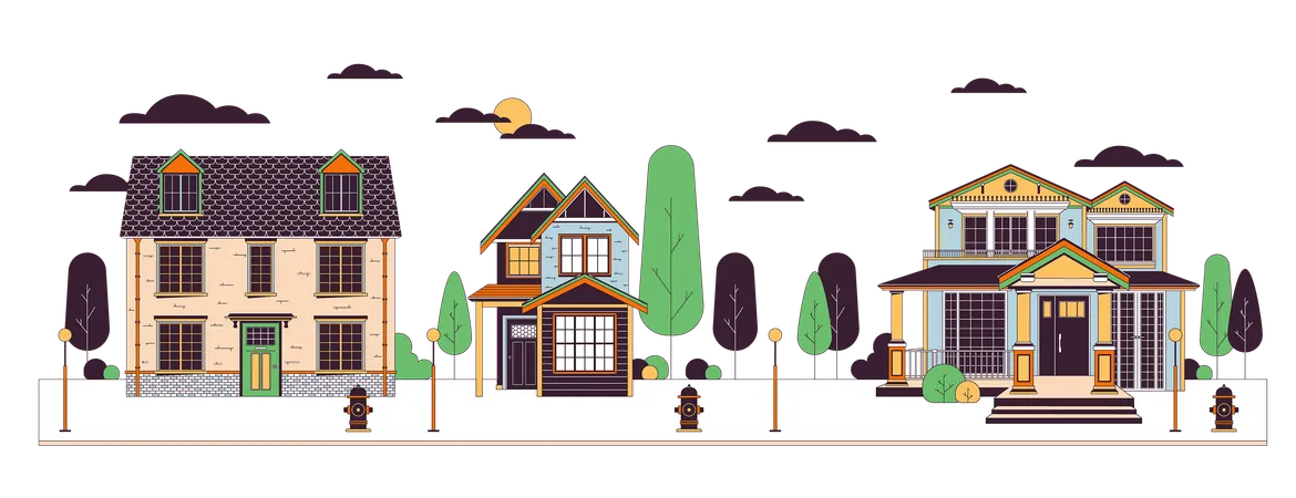 Residential Suburbs Line Cartoon Flat Illustration Accommodations Street Housing Development Buildings Row 2 D Lineart Object Isolated On White Background Real Estate Scene Vector Color Image Illustration