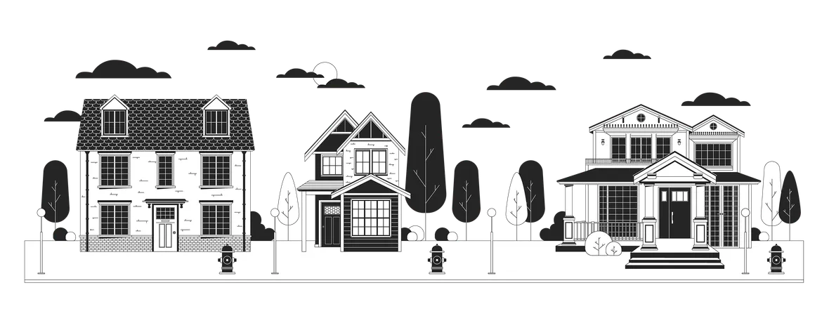 Residential Suburbs Black And White Cartoon Flat Illustration Accommodations Street Housing Development Buildings Row 2 D Lineart Object Isolated Real Estate Monochrome Scene Vector Outline Image Illustration
