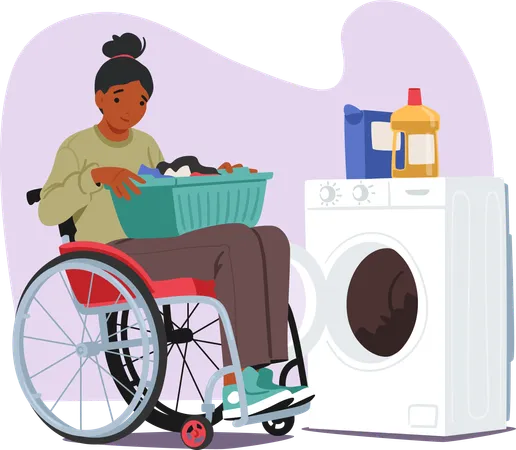 Resilient Woman In Wheelchair and putting cloth Into Washing Machine  Illustration