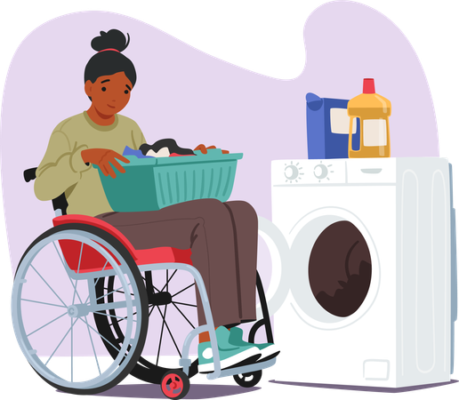 Resilient Woman In Wheelchair and putting cloth Into Washing Machine  Illustration