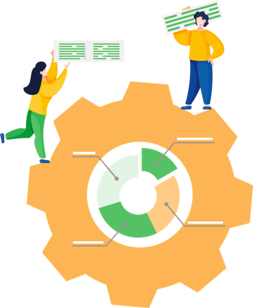 Resolver problemas de desarrollo empresarial y debatir sobre informes.  Ilustración