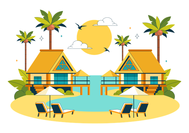 Resort de chalés de praia  Ilustração