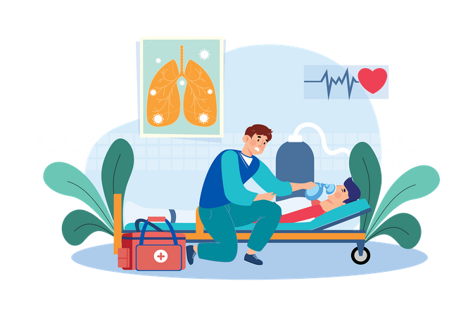 Respiratory therapist helps patients with breathing difficulties  Illustration