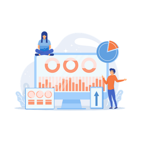 Gestionnaires de clientèle travaillant avec les diagrammes circulaires et les appareils des clients  Illustration