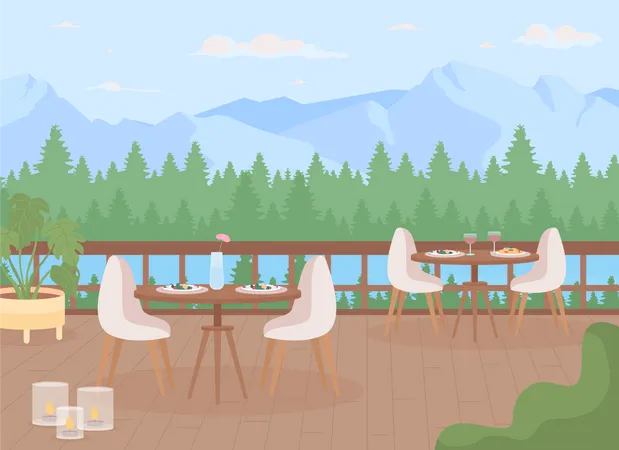 Restaurant At Luxury Highland Resort Flat Color Vector Illustration Served Tables On Empty Terrace Fully Editable 2 D Simple Cartoon Landscape With Ancient Mountains On Background Illustration