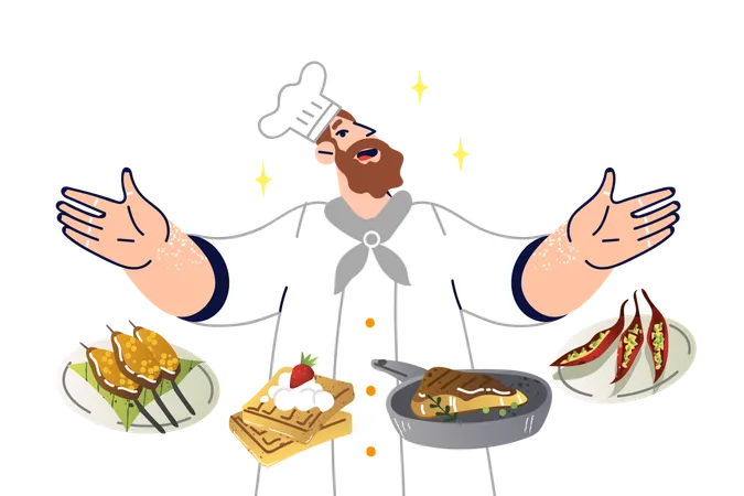 Restaurant Man Chef Demonstrates Dishes From Menu Offering To Try New Culinary Masterpieces And Delicacies Chef Guy Presents Assortment Of Delicious Gastronomic Delights For Gourmets イラスト
