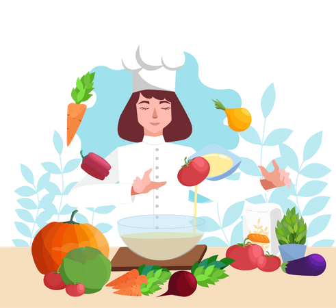 Chef de restaurant en tablier préparant de la nourriture  Illustration