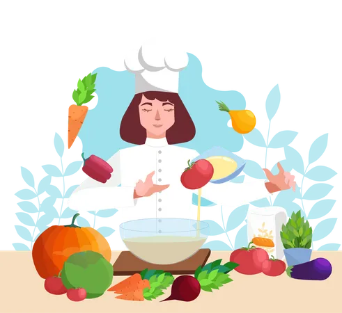 Chef de restaurant en tablier préparant de la nourriture  Illustration