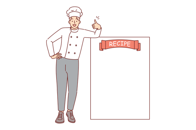 Restaurant chef stands near blank recipe sheet and shows thumbs up as sign of approval of menu  Illustration