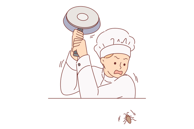 Restaurant cook kills cockroach crawling on kitchen table  Illustration