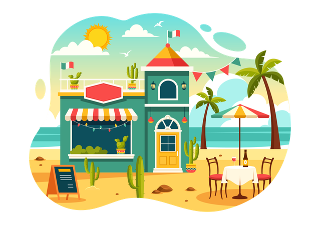 Restaurant de cuisine mexicaine à la plage  Illustration