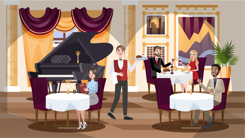 Restaurant interior in a hotel with people inside Illustration