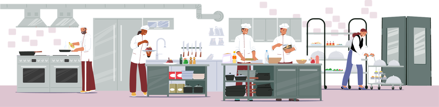 Restaurant kitchen professional staff cooking preparing culinary dishes providing catering service  Illustration