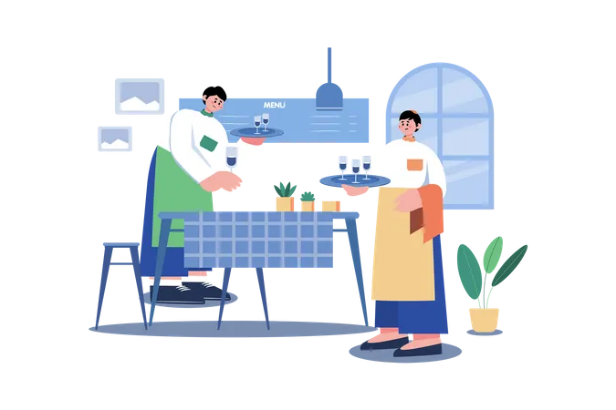 Restaurant staff serving order on table  Illustration